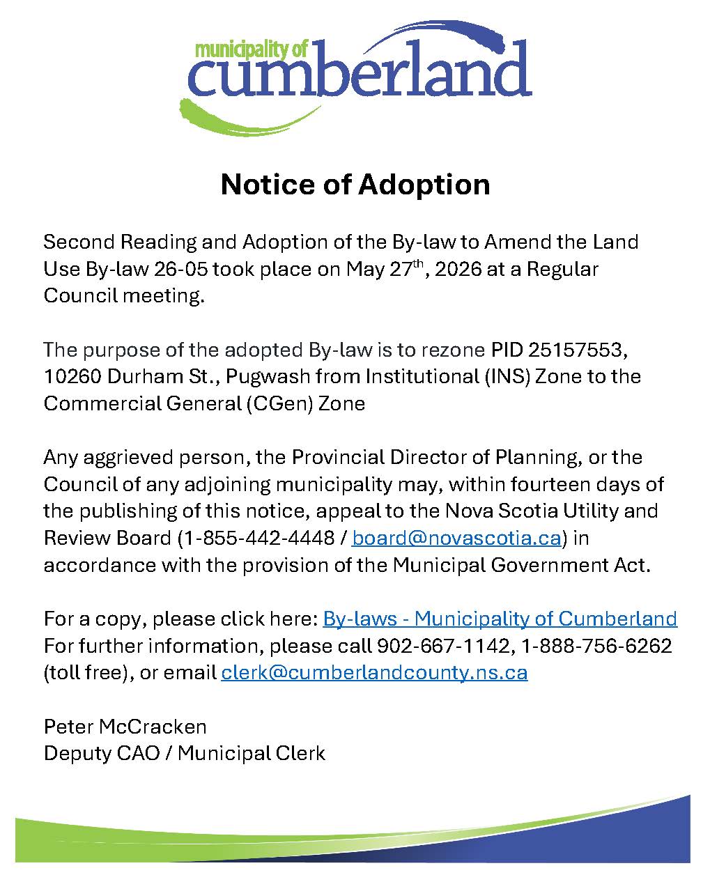 Notice of Adoption By law 26 05 May 2026