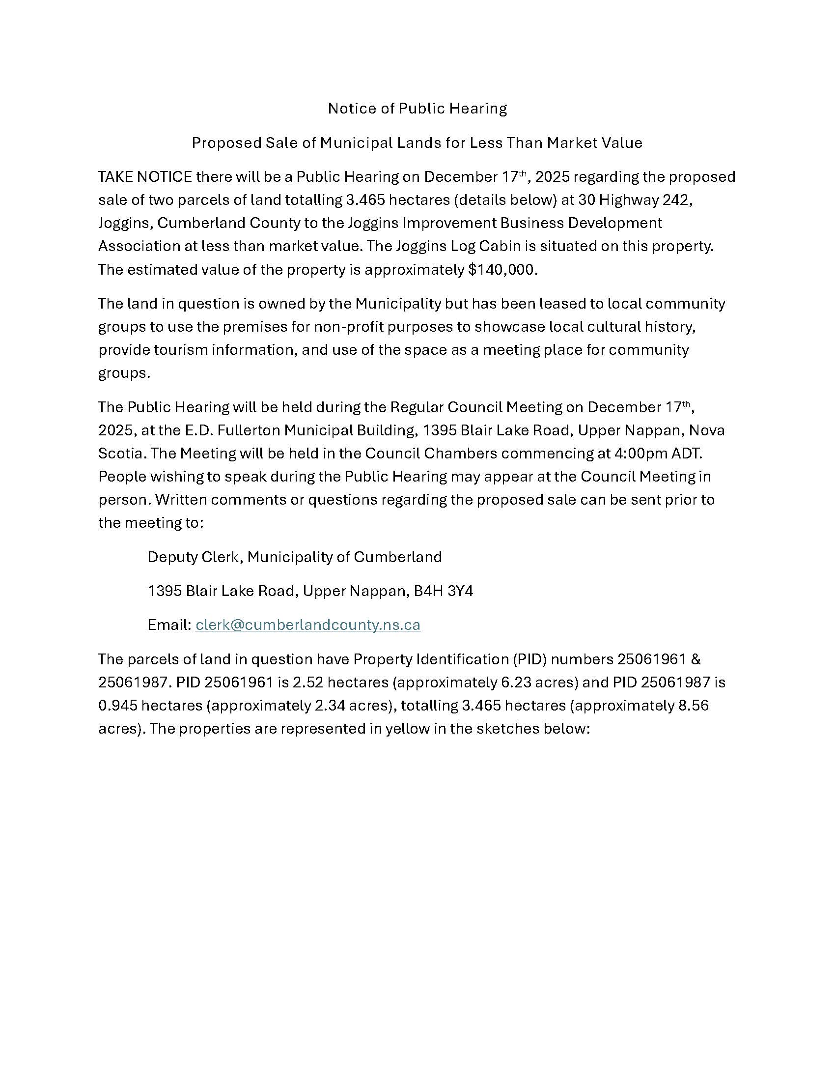 Notice of Public Hearing Proposed Sale Less Than Market Value Jog Log Page 1